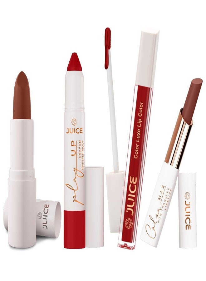Juice Long Lasting, 4pc Lipstick Combo Set For Women(Light Brown-M23 Bullet Lipstick, Red Flag-MCR11 Play up Lip Crayon, Red Hotness-M09 Liquid Lipstick, Cocoa Kiss-M02 Slim Stick) - Image 1