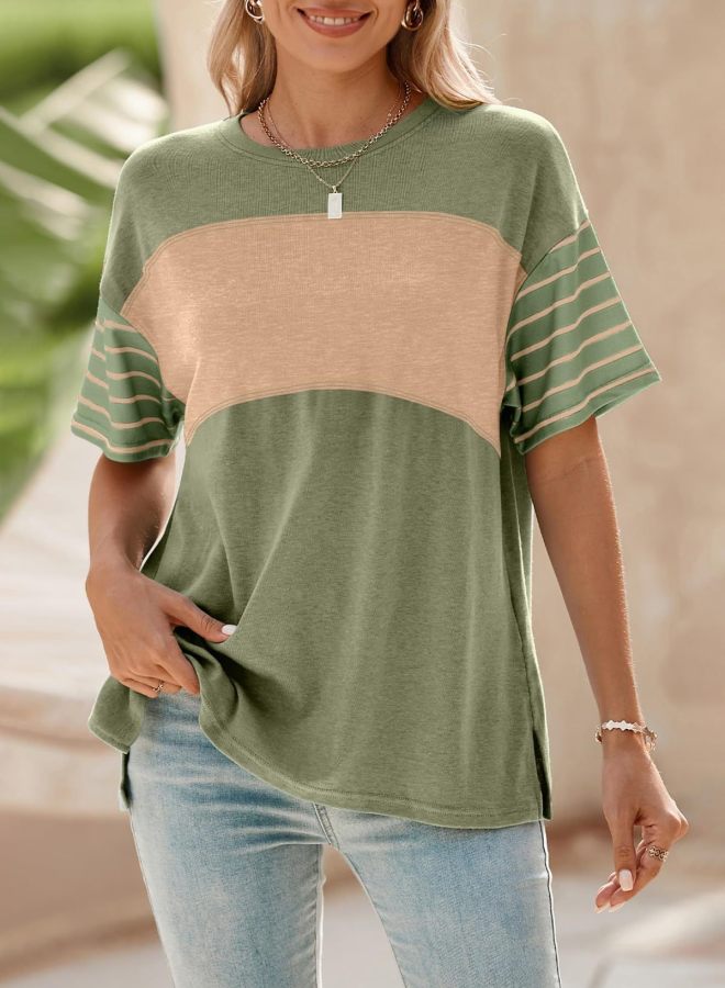Round Neck Color-Block Striped T-Shirt – Short Sleeves, Casual Style