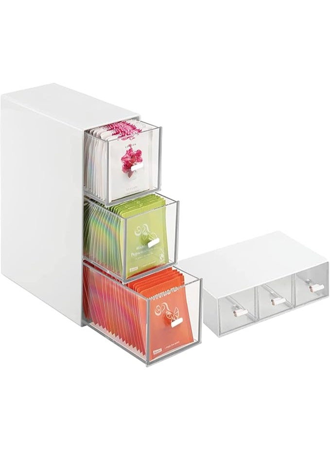DUNISO Drawer-Style Desktop Storage Box With 3 Compartments, Tea Storage Box, Plastic Stackable, Transparent Drawer, Cosmetics Storage, Coffee, Tea, Sugar Bag Storage Rack - Image 1
