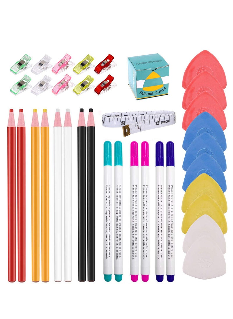 SUNSAR - 35 PCS Tailor's Chalk Kit with 10 Tailor's Chalk, 8 Sewing Marking Pencil ,6 Disappearing Fabric Marker Pen ,10 Multipurpose Sewing Clips and 1 Tape Measures - Image 1