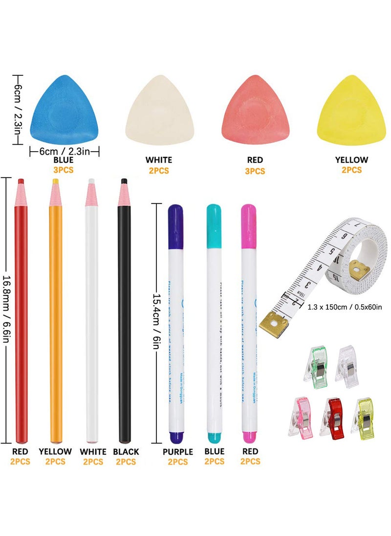 SUNSAR - 35 PCS Tailor's Chalk Kit with 10 Tailor's Chalk, 8 Sewing Marking Pencil ,6 Disappearing Fabric Marker Pen ,10 Multipurpose Sewing Clips and 1 Tape Measures - Image 1