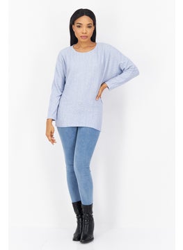 Zero Women Round Neck Knitted Sweater, Blue  - Image 3