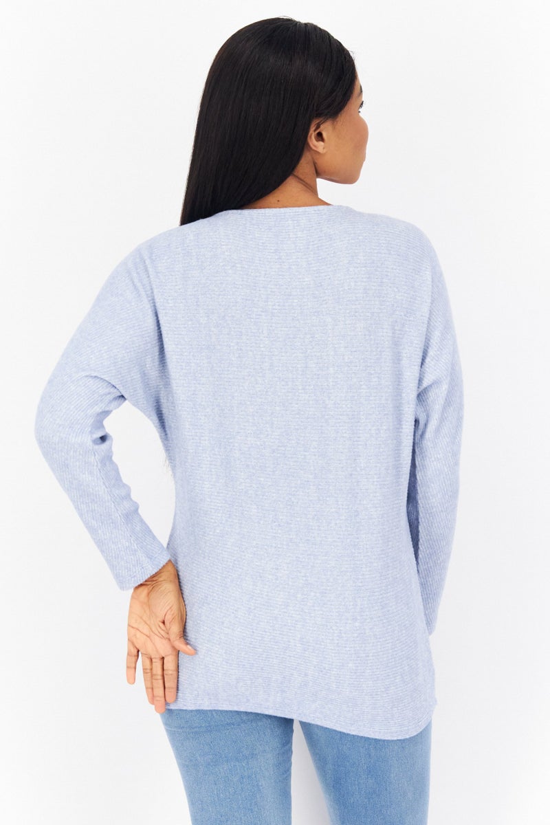 Zero Women Round Neck Knitted Sweater, Blue - Image 4