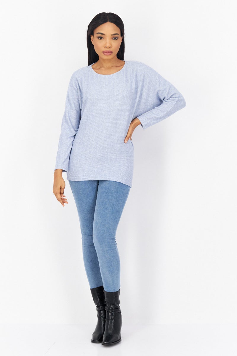 Zero Women Round Neck Knitted Sweater, Blue - Image 2