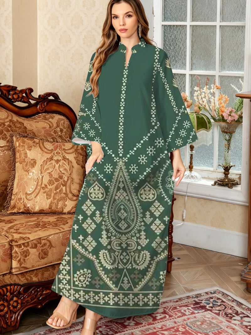 Deep Green Bohemian Geometric Print Long Flare‑Sleeve Abaya - Image 3