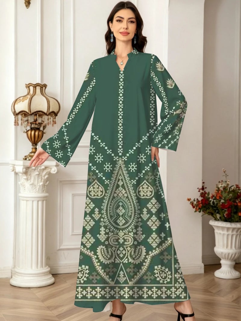 Deep Green Bohemian Geometric Print Long Flare‑Sleeve Abaya - Image 2