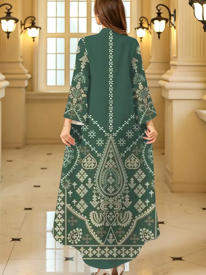 Deep Green Bohemian Geometric Print Long Flare‑Sleeve Abaya - Image 4