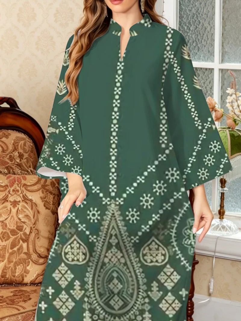 Deep Green Bohemian Geometric Print Long Flare‑Sleeve Abaya - Image 5