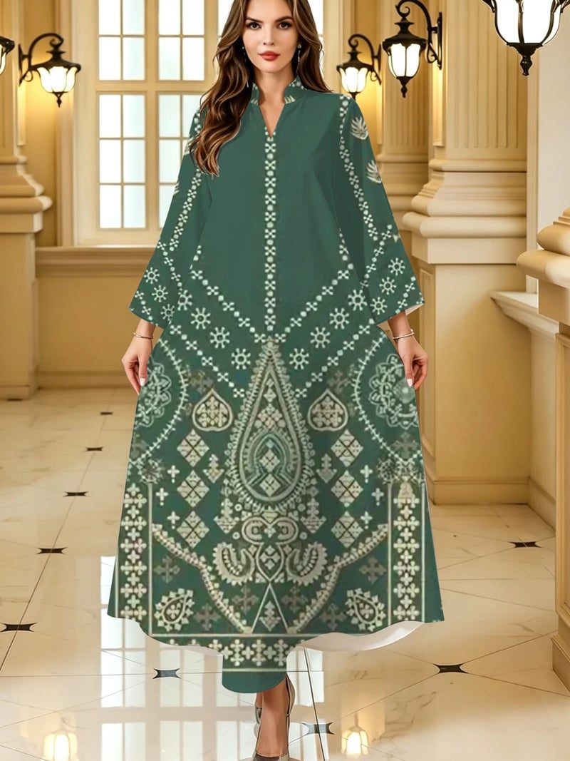 Deep Green Bohemian Geometric Print Long Flare‑Sleeve Abaya - Image 1