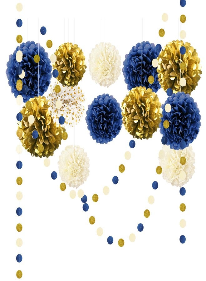 NICROLANDEE 15 PCS Navy Blue Gold Tissue Paper Pom Poms for Men Birthday, Baby Bridal Shower, Wedding, Bachelorette, Graduations, Navy Blue Engagement Party Backdrop Dot Paper Decorations - Image 1