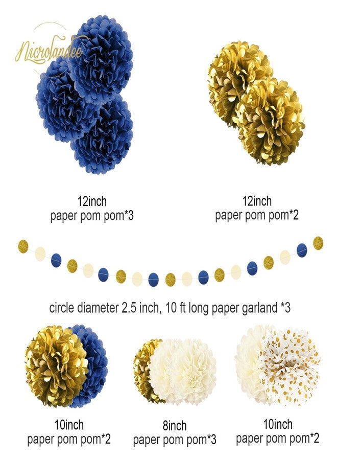 NICROLANDEE 15 PCS Navy Blue Gold Tissue Paper Pom Poms for Men Birthday, Baby Bridal Shower, Wedding, Bachelorette, Graduations, Navy Blue Engagement Party Backdrop Dot Paper Decorations - Image 3