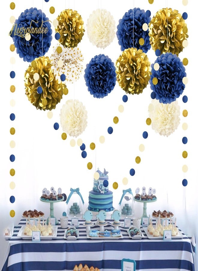 NICROLANDEE 15 PCS Navy Blue Gold Tissue Paper Pom Poms for Men Birthday, Baby Bridal Shower, Wedding, Bachelorette, Graduations, Navy Blue Engagement Party Backdrop Dot Paper Decorations - Image 5