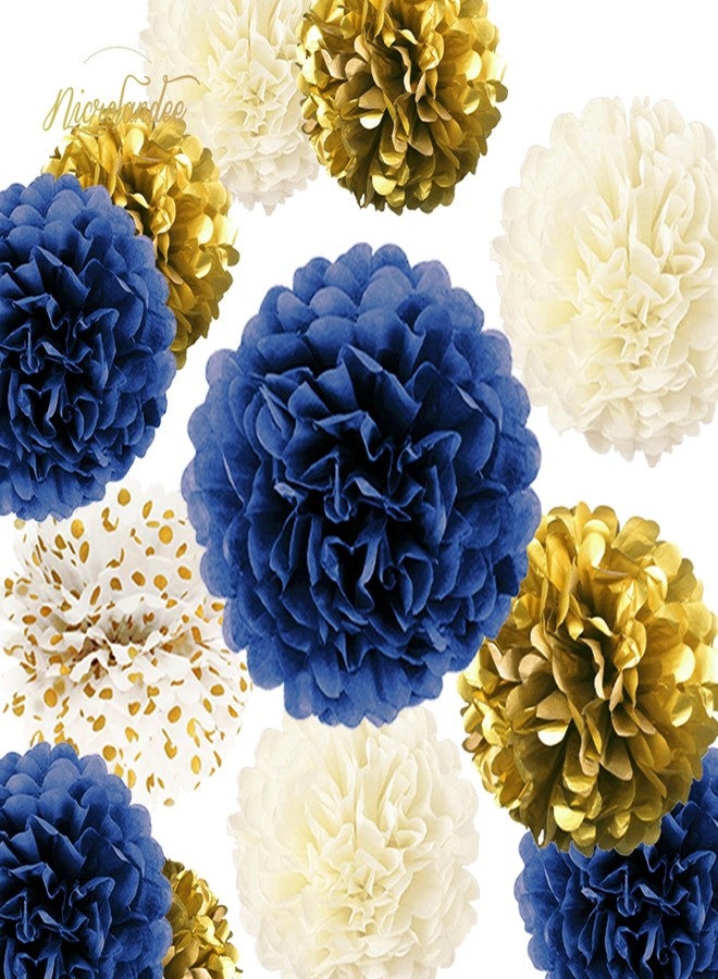 NICROLANDEE 15 PCS Navy Blue Gold Tissue Paper Pom Poms for Men Birthday, Baby Bridal Shower, Wedding, Bachelorette, Graduations, Navy Blue Engagement Party Backdrop Dot Paper Decorations - Image 2