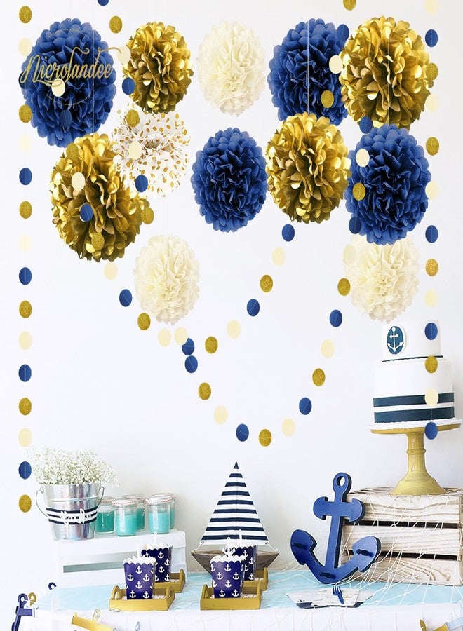 NICROLANDEE 15 PCS Navy Blue Gold Tissue Paper Pom Poms for Men Birthday, Baby Bridal Shower, Wedding, Bachelorette, Graduations, Navy Blue Engagement Party Backdrop Dot Paper Decorations - Image 4