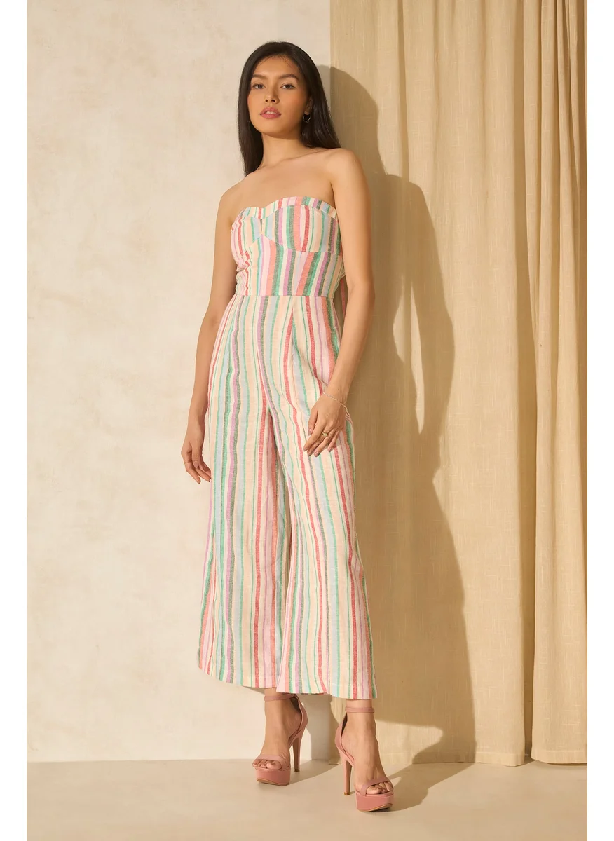 Virgio Virgio Striped Cut-Out Detailed Basic Jumpsuit