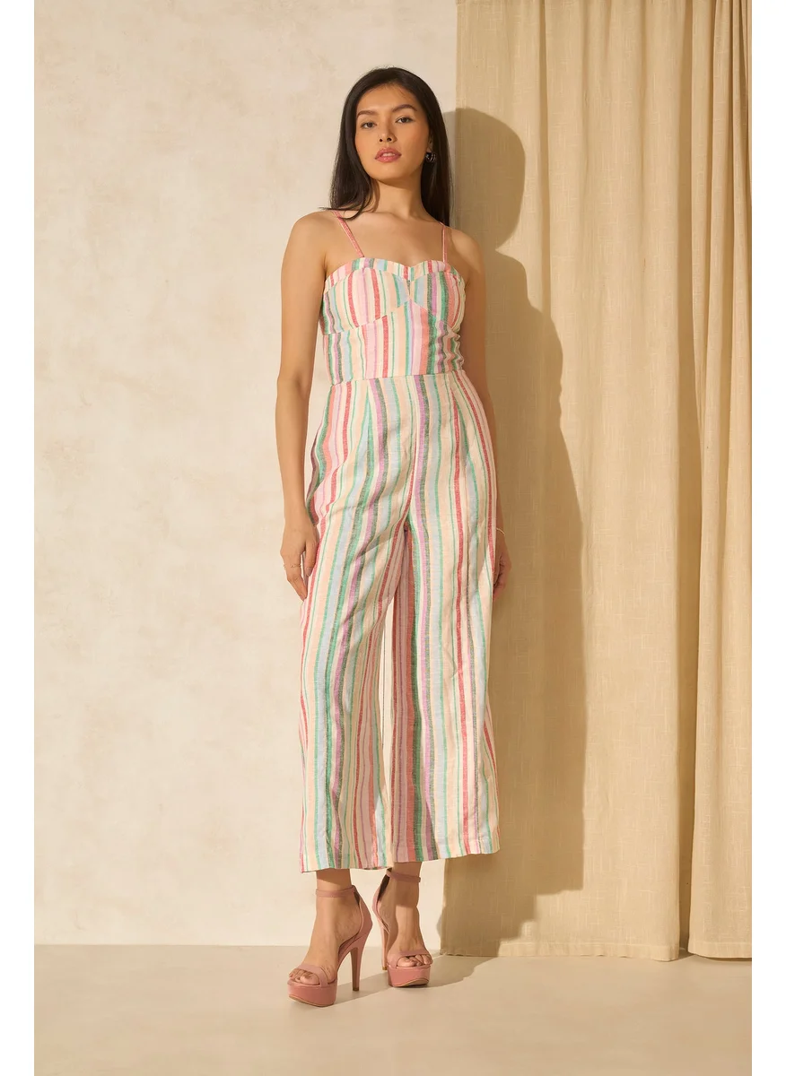 Virgio Virgio Striped Cut-Out Detailed Basic Jumpsuit
