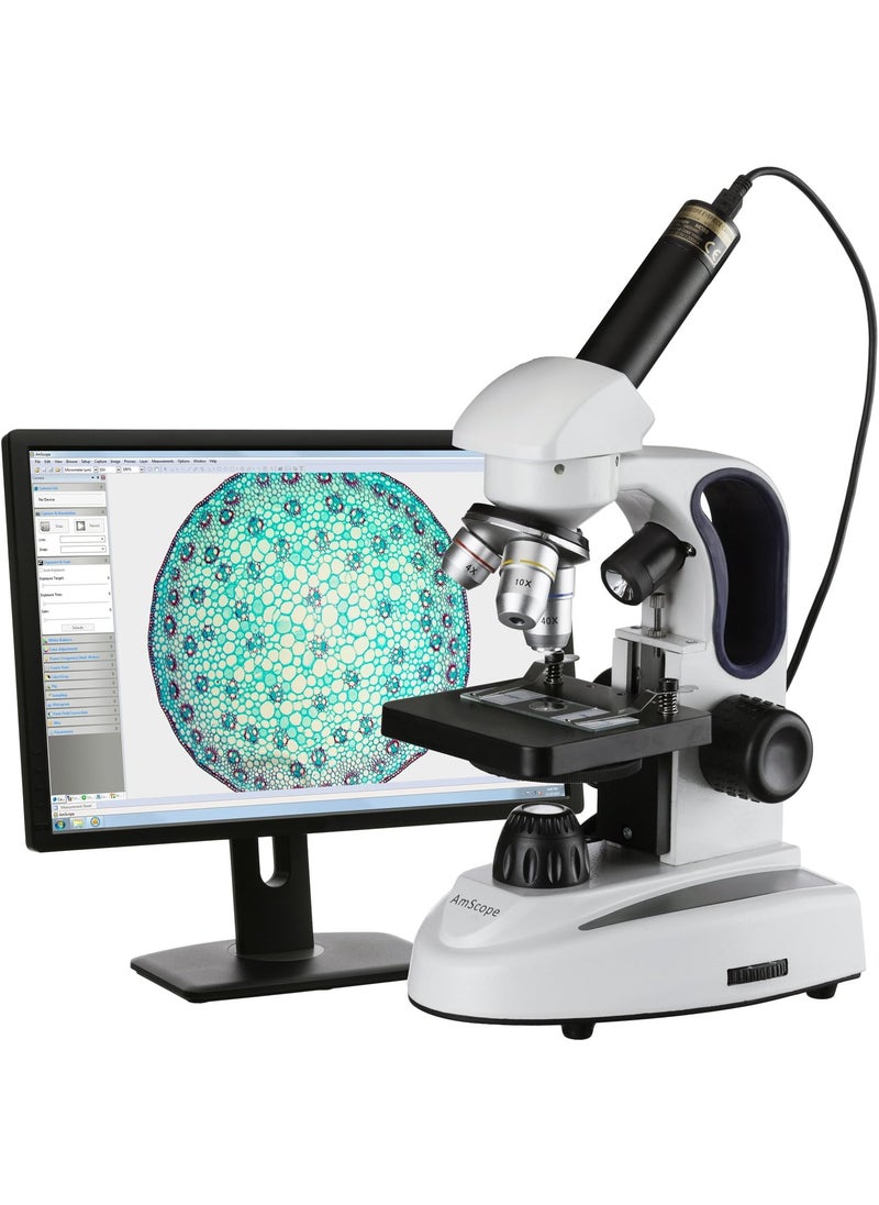 AmScope AmScope M149C2LE Digital Compound Monocular Microscope WF10x and WF25x Eyepieces 40x1000x Magnification Upper and Lower LED Illumination Brightfield SingleLens Condenser Plain Stage 110V or BatteryPowered HeavyDuty Metal Frame Includes 03MP Camera and Software  - Image 1