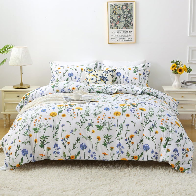 Mooreeke Floral Full Size Comforter Sets, Dandelion Floral Botanical Patterned Bedding for All Seasons, 3-Piece Vintage Bed in a Bag with Fluffy Quilted Reversible Comforter & 2 Pillow Shams - Image 1