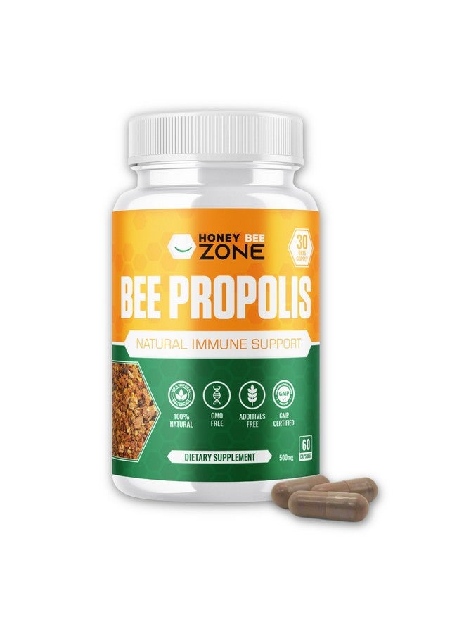 هوني بيزون كبسولات مستخلص البروبوليس من HONEYBEEZONE، مكمل غذائي لدعم المناعة، معزز طبيعي للمناعة، خالي من المواد المعدلة وراثيًا، خالٍ من الغلوتين، 500 مجم، 60 كبسولة نباتية مع مسحوق الخروب للرجال والنساء - Image 1
