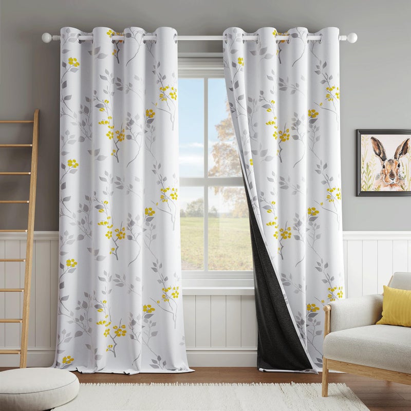 Beauoop Floral 100% Blackout Curtains 84 Inches Long 2 Panels for Bedroom Living Room Yellow Grey and White Flower Patterned Room Darkening Thermal Soundproof Grommet Window Treatments Drapes, 52X84 - Image 1