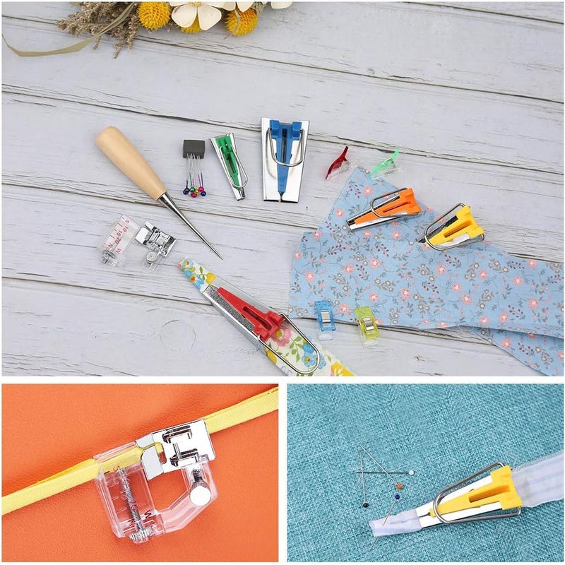LUNARM Bias Tape Tool Kit with Instruction, 5 Sizes Bias Tape Maker (6mm 9mm 12mm 18mm 25mm) with 4 Pcs Sewing Machine Presser Foot, Sewing Clips, Ball Point Pins, Awl, for Fabric Sewing and Quilting - Image 5