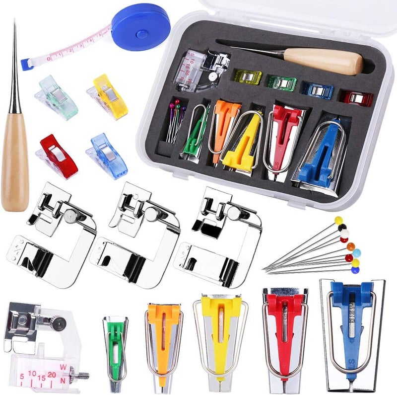 LUNARM Bias Tape Tool Kit with Instruction, 5 Sizes Bias Tape Maker (6mm 9mm 12mm 18mm 25mm) with 4 Pcs Sewing Machine Presser Foot, Sewing Clips, Ball Point Pins, Awl, for Fabric Sewing and Quilting - Image 1