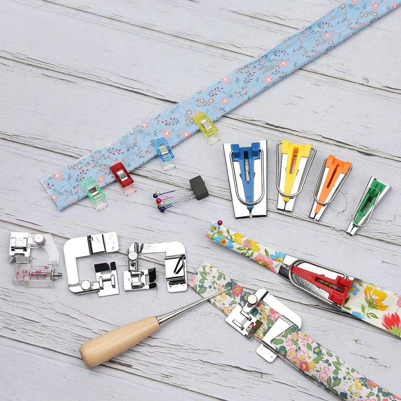 LUNARM Bias Tape Tool Kit with Instruction, 5 Sizes Bias Tape Maker (6mm 9mm 12mm 18mm 25mm) with 4 Pcs Sewing Machine Presser Foot, Sewing Clips, Ball Point Pins, Awl, for Fabric Sewing and Quilting - Image 3
