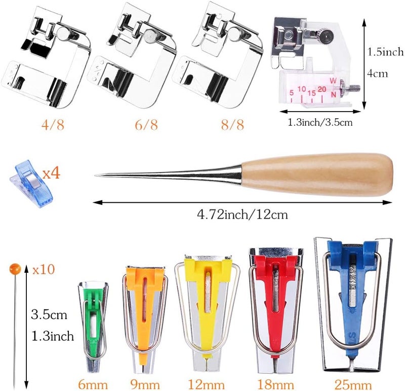 LUNARM Bias Tape Tool Kit with Instruction, 5 Sizes Bias Tape Maker (6mm 9mm 12mm 18mm 25mm) with 4 Pcs Sewing Machine Presser Foot, Sewing Clips, Ball Point Pins, Awl, for Fabric Sewing and Quilting - Image 2