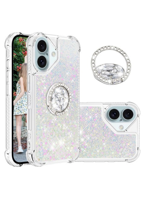 Liquid Quicksand Case for iPhone 16 6.1’ with Diamond Stand, Soft TPU Deluxe Fun Glitter Glitter Flow Clear Glitter Case for Apple iPhone 16