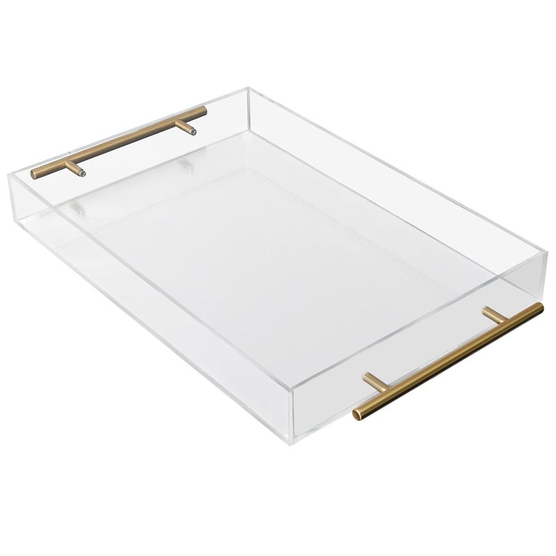 Kurtzy Clear Acrylic Plastic Serving Tray with Gold Handles  L46 x W275cm  1811 x 1082 Inches  Large Rectangle Decorative Spill Proof Table Organiser  TeaCoffee Drinks Breakfast  Food Tray