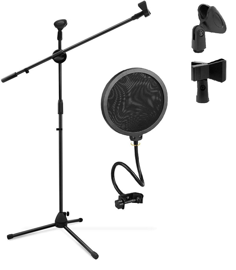 TECHBLAZE Dual Microphone Stand with Pop Filter–Adjustable 3-Leg Boom Mic Stand with 2 Mic Clip Holders for Studio Recording, YouTube, Karaoke, Singing, Speech, Wedding & Stage Performance - Image 1