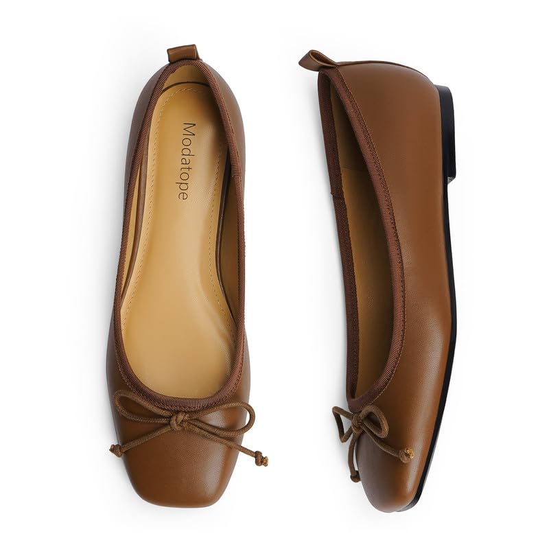 Modatope Ballet Flats Shoes for Women Brown Bow Bowknot Ballerina Closed Square Toe Slip on Comfortable Flats Size 7.5 - Image 4