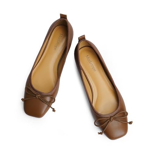 Modatope Ballet Flats Shoes for Women Brown Bow Bowknot Ballerina Closed Square Toe Slip on Comfortable Flats Size 7.5 - Image 1
