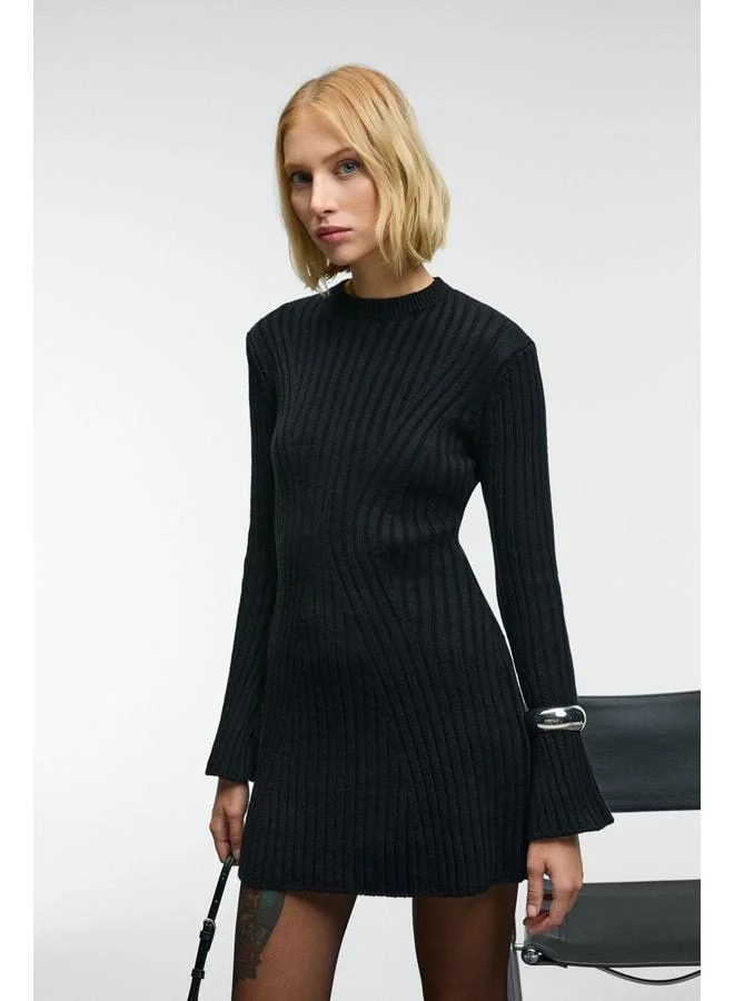 ENCANTO Women's Round Neck Striped Slim Fit Black Dress.