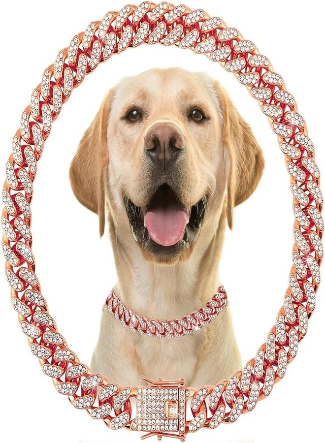 cyhaen Rose Gold Dog Necklace Collar with Bling，Diamond Metal Cuban Link Dog Collars,Rhinestone Glitter Chain Dog Collar for Small Medium Large Pet Dogs Cats，18 Inch - Image 1