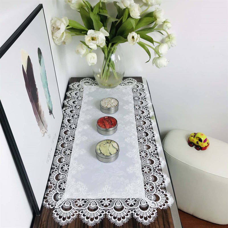BrekSdat Rectangle Table Runner White Embroidered Lace 16 x 35 Inches Wedding Dining Table Dresser Scarf with Carnation Lace Fabric Washable for Kitchen Coffee End