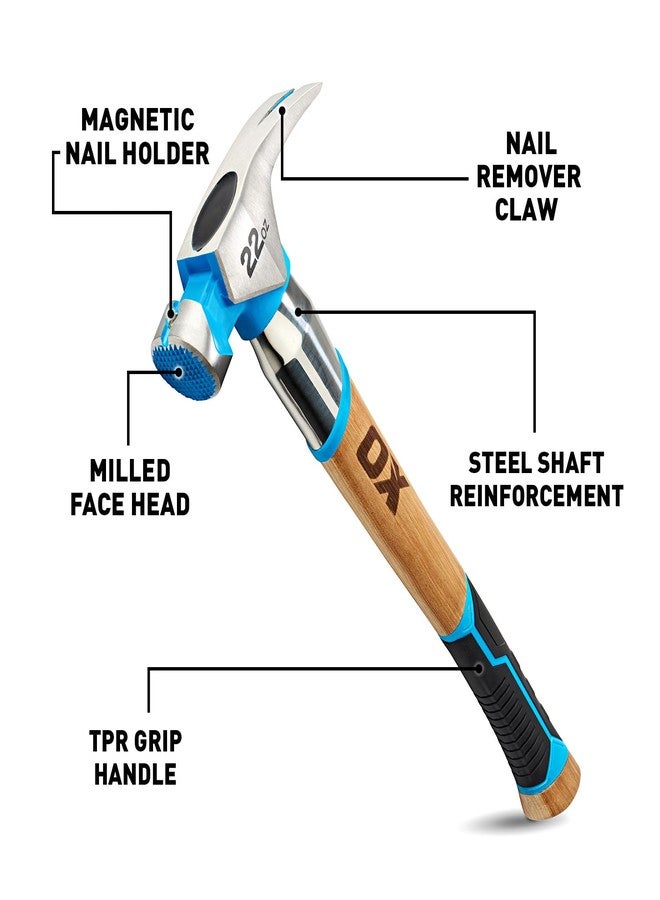OX Tools Pro 22oz Curved Hickory Handle Hammer with TPR Grip and Steel Shaft Hickory Framer - Magnetic Nail Starter Curved Axe Handle Milled Face Straight Claw Hammer OX-P088422 - Image 2