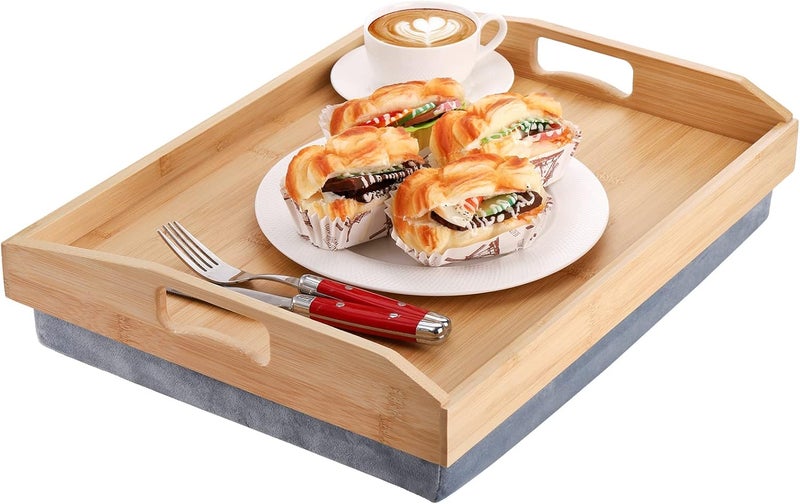 Cedilis Bamboo Lap Tray with Detachable Pillow, 16.9 x13 in Serving Tray with Handles for Bed Eating - Image 1