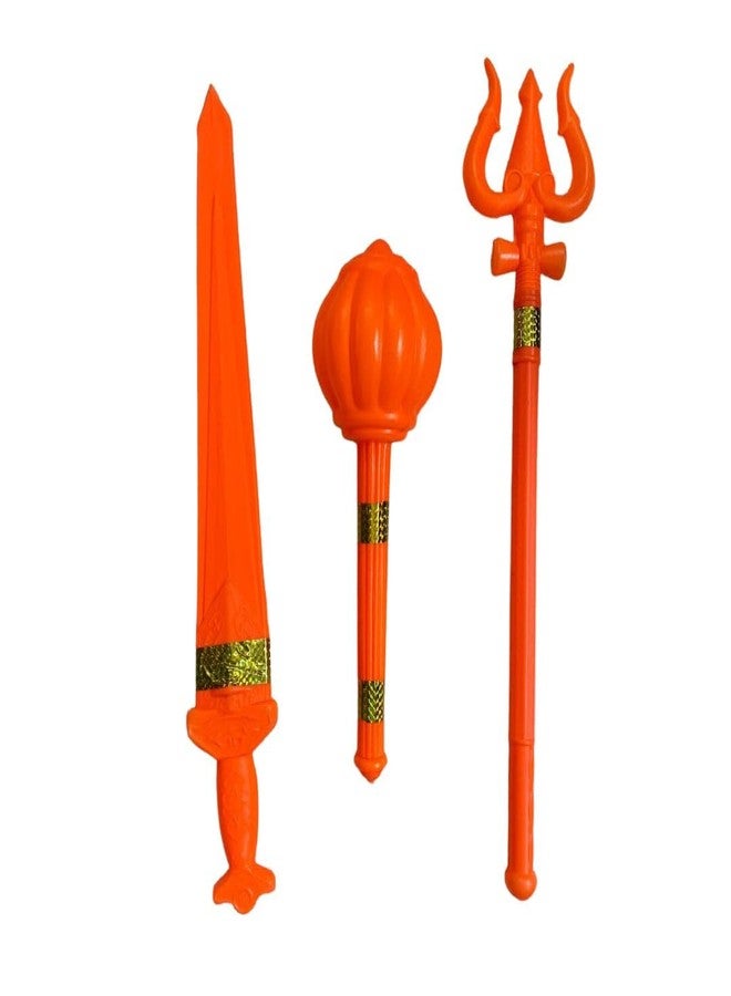 Vidhyapati Enterprises Plastic Shiv Trishul Hanuman Gada & Sword Toys for Kids | Weapon Role Play Toys | Action Figure Toy | Fancy Dress Competition | Color Orange | 3 Pcs Combo | Age 2+ - Image 1