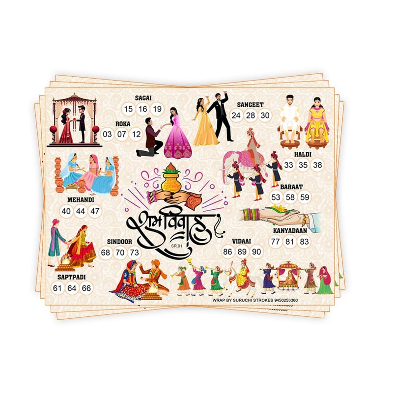 Suruchi Strokes Wedding Theme tambola Tickets Collection, housie Games for sagai, haldi Mehendi, sangeet, Marriage Party (Pack of 50) - Image 1