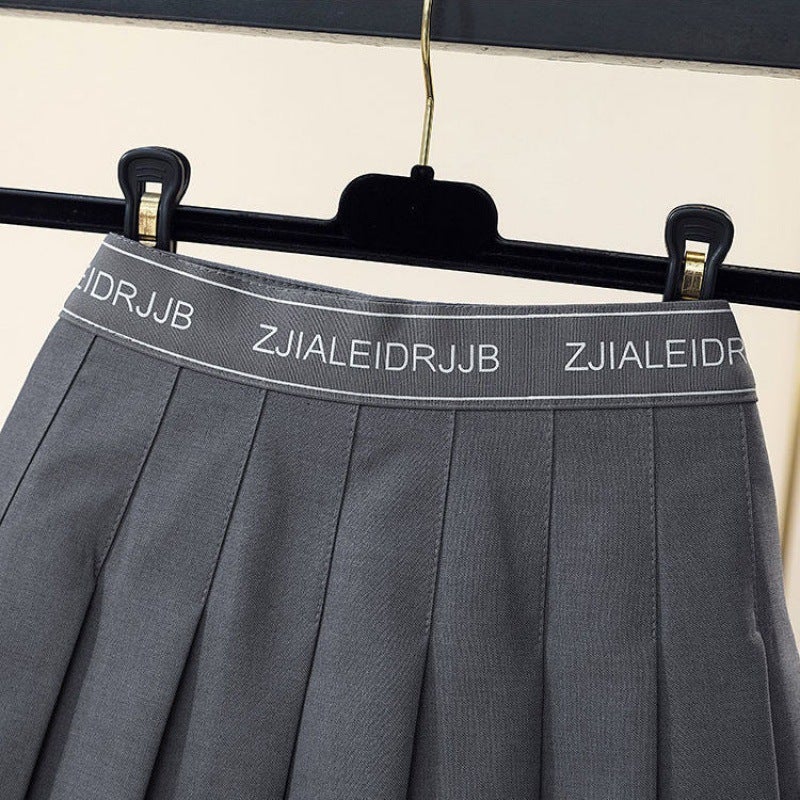 Elastic Waist Pleated Skirt A-line 2024 Spring Summer gray with pants