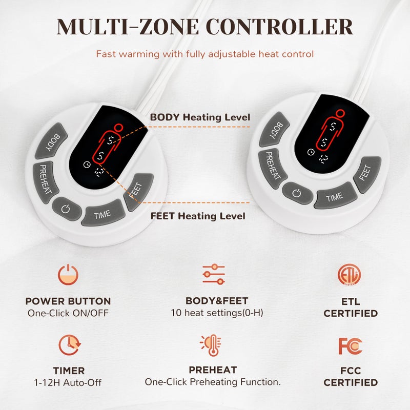 GOTCOZY Multi-Zone Heated Mattress Pad Queen Size - Electric Mattress Pad Fit up to 15" with 10 Heat Setting & 12 Hour Auto Off, Independent Body & Feet Heating, Machine Washableï¼ˆBleachï¼‰ - Image 3