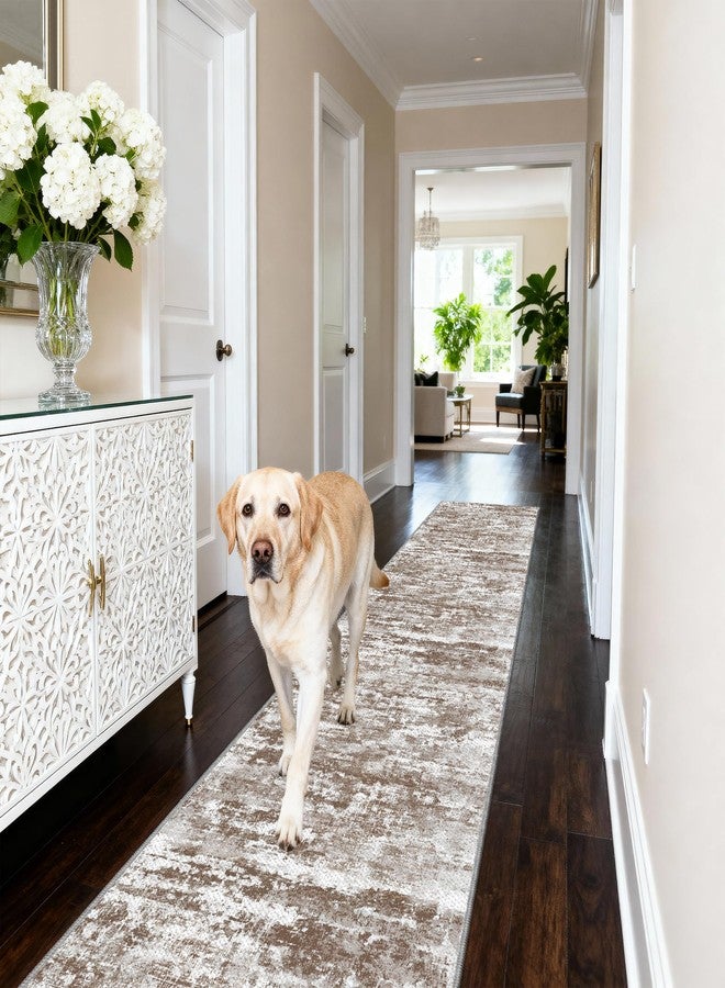 TTelephant Runners for Hallways Ultra Non-Slip 2x10 Long Runner Rugs Washable Abstract Tear and Stain Resistance No Pile Lightweight Modern Rug Runners for Entryway, Kitchen, Walkway, Entrance, Brown - Image 2