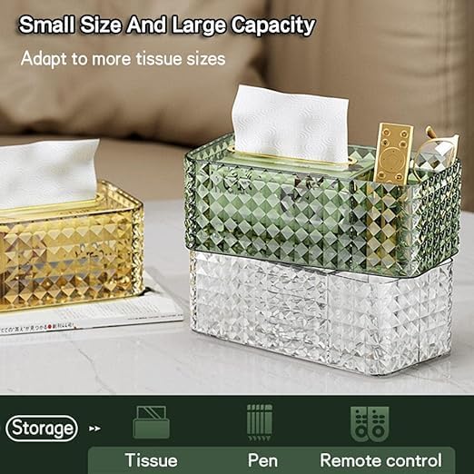 Bindex Crystal Rectangular Tissue Box Cover,Decorative Glass Tissue Holder, Multi-Functional Paper Box with Pen Remote Organizer for Home,Office,Restaurant - Image 2