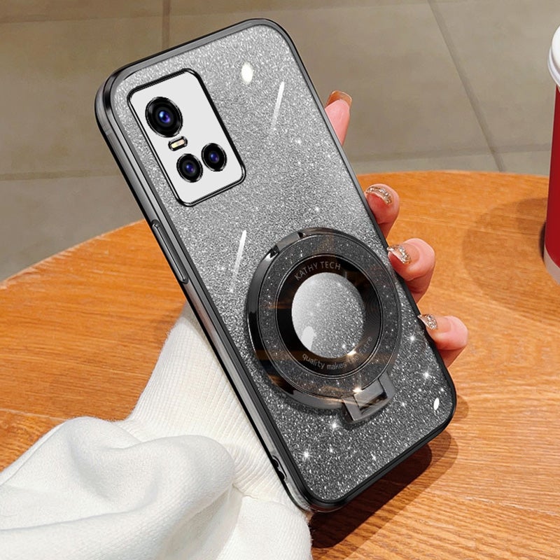 HuHa Case Cover For vivo S10 / S10 Pro Plated Gradient Glitter Round Holder TPU Phone Case(Black) - Image 1