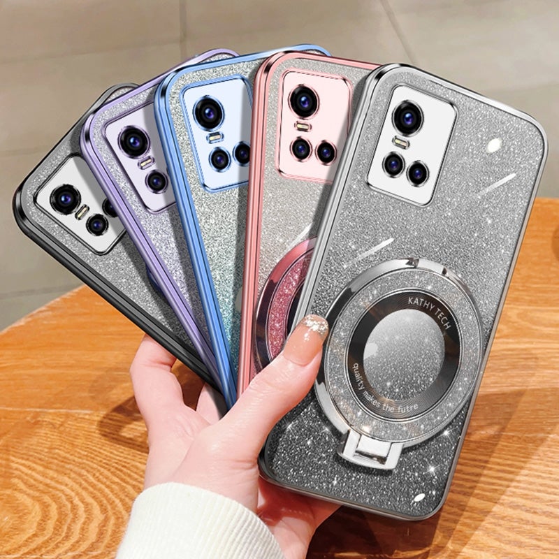 HuHa Case Cover For vivo S10 / S10 Pro Plated Gradient Glitter Round Holder TPU Phone Case(Black) - Image 2