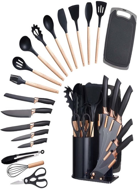 Utensil Set 19 Piece Silicone Kitchenware Heat Resistant Non stick Cooking Tool with Wooden Handles Silicone Cookware Set