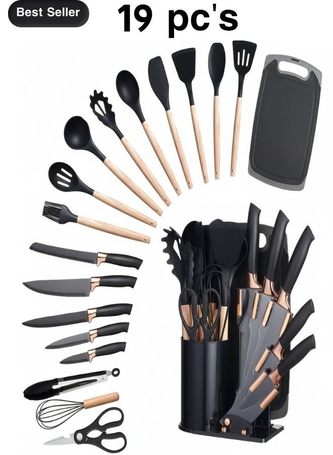 زيسكوير مجموعة أدوات مطبخ من السيليكون مكونة من 19 قطعة - أدوات طهي بمقبض خشبي، أدوات سيليكون غير لاصقة مقاومة للحرارة العالية للأواني والمقالي - Image 1