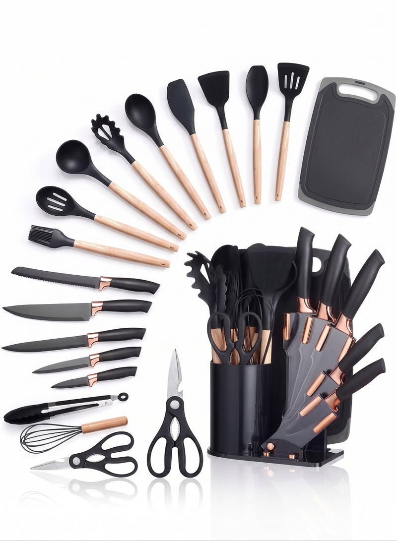 ZEESQUARE 19-Piece Kitchen Knife Set & Silicone Cooking Utensil Set with Wooden Handles | Non-Stick Heat Resistant Kitchen Tools, Chef Knives, Cutting Board, Utensil Holder & Knife Block Organizer - Image 1