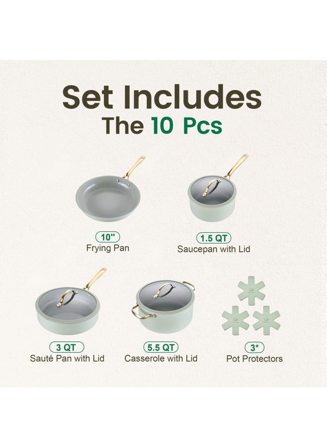 Chef Power Ceramic Cookware Sets, 10Pcs Pots and Pans Set Non Stick, Cookware Set with Stainless Steel Handle, Dishwasher & Oven Safe, Sage Green and Granite Grey - Image 2